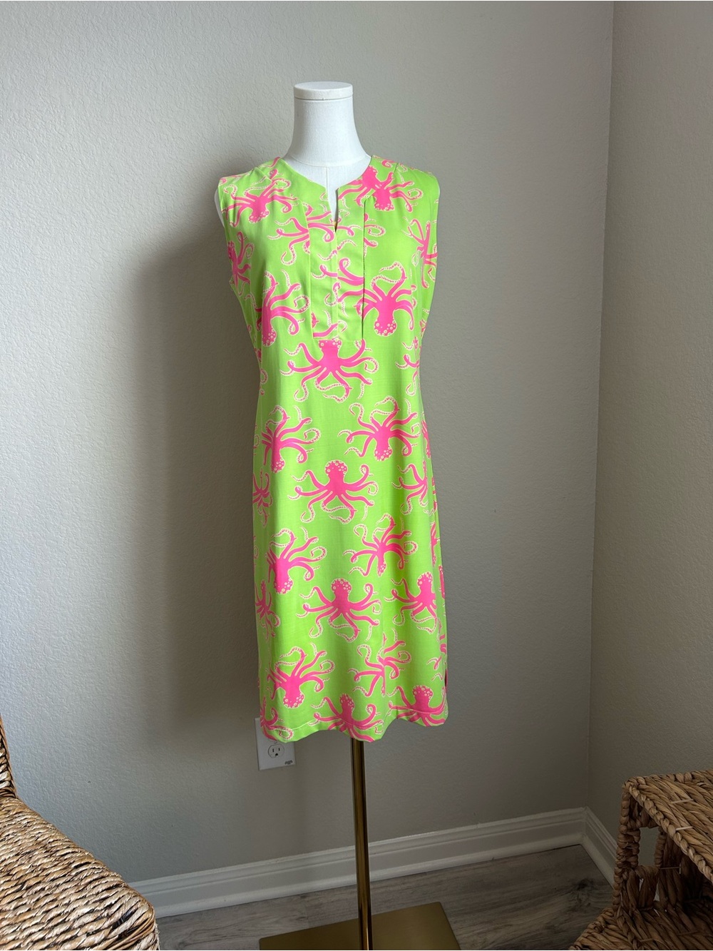 Katherine Way Lime Green Sleeveless Summer Dress with Pink Octopus Print